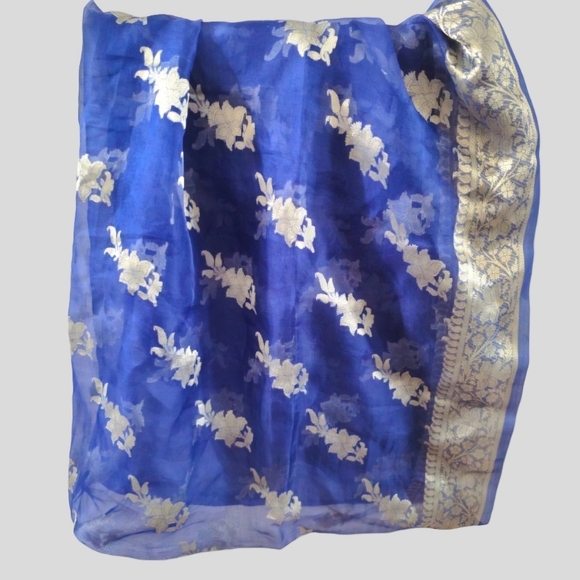 Dupatta Royal Light Blue Floral Silk Scarf 76'' L x 41'' W India Fancy Chiffon - Picture 9 of 10